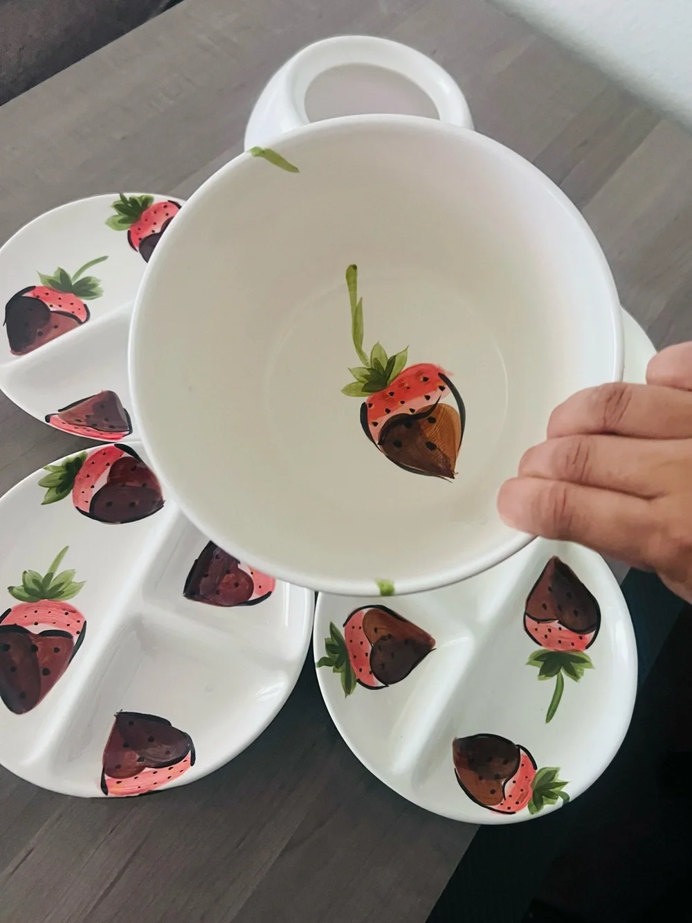 VINTAGE White Strawberry-Print Ceramic Snack Plates Dip Bowl Chocolate Fondue